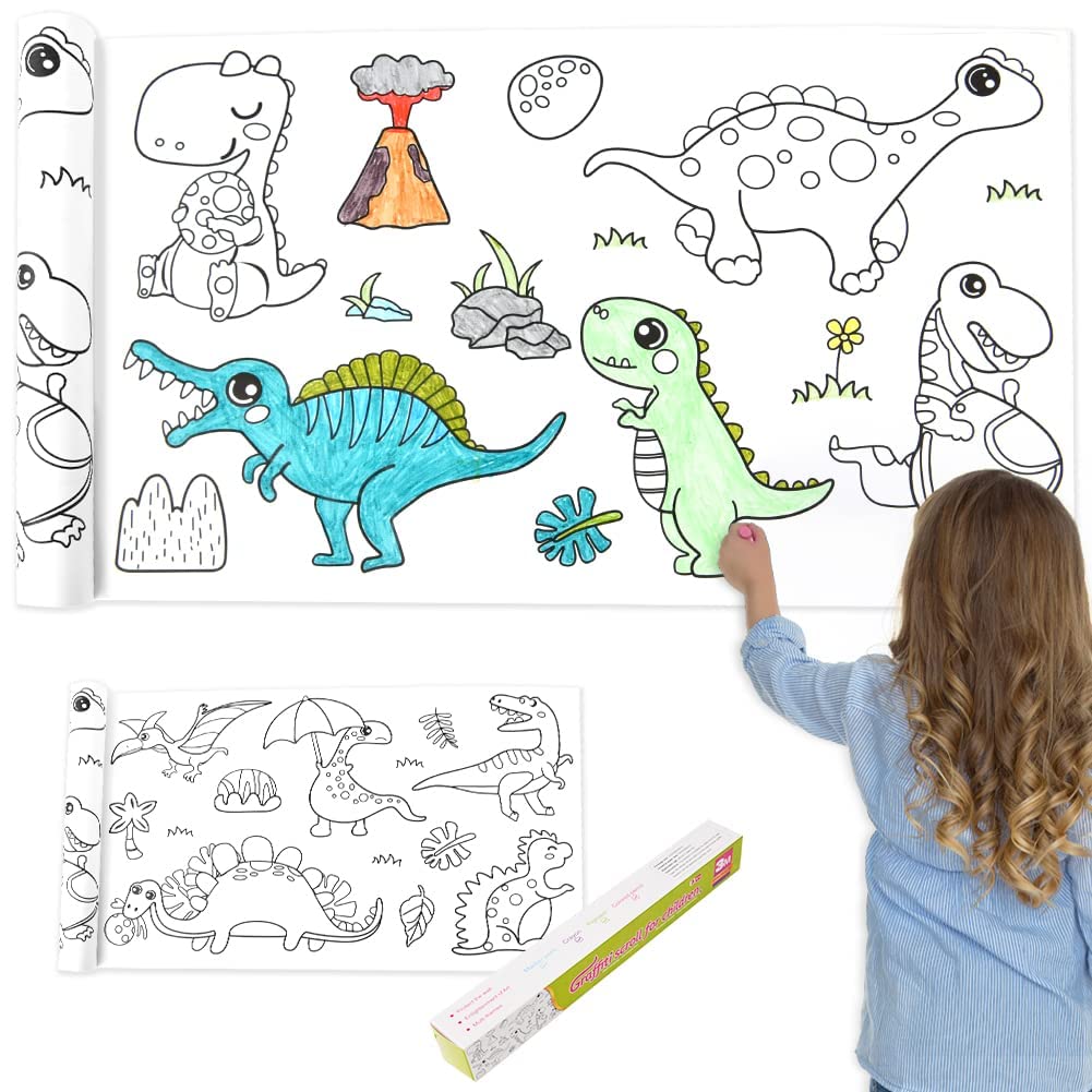 OFFCUP Rotolo di Carta da Colorare, Poster da Colorare Bambino, 30 * 300cm Grande Adesivi da Colorare per bambini, Giocattoli di Pittura Educativi Precoci per Ragazzi Ragazze 3+ Anni (Dinosauro)