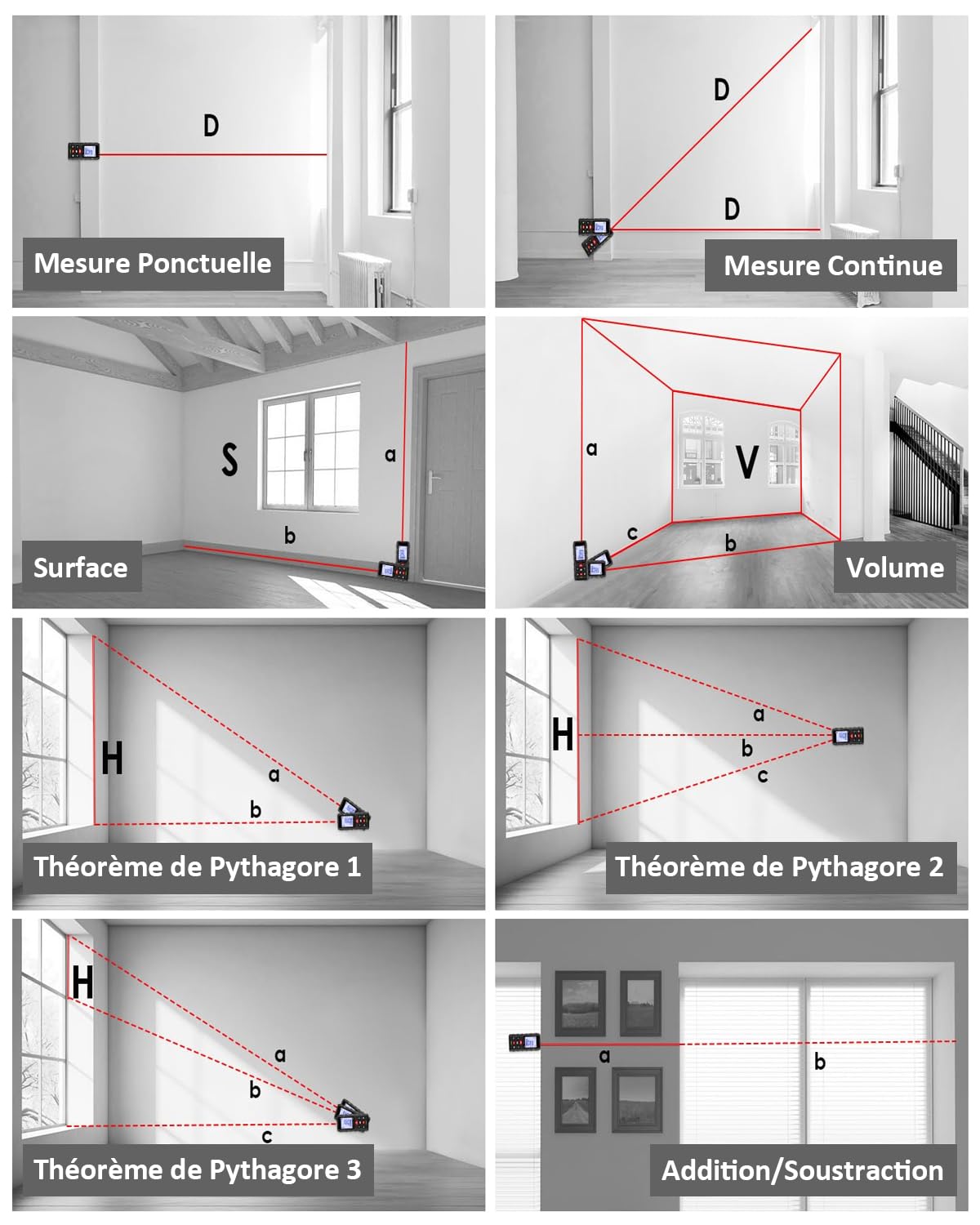 Télémètre Laser Numérique Professionnel, Mètre Laser, Portée 60m/100m, Double Niveau d’Alignement, Étanche IP54, Surface, Volume, Grand Écran LCD Rétro-éclairé, Intérieur Extérieur