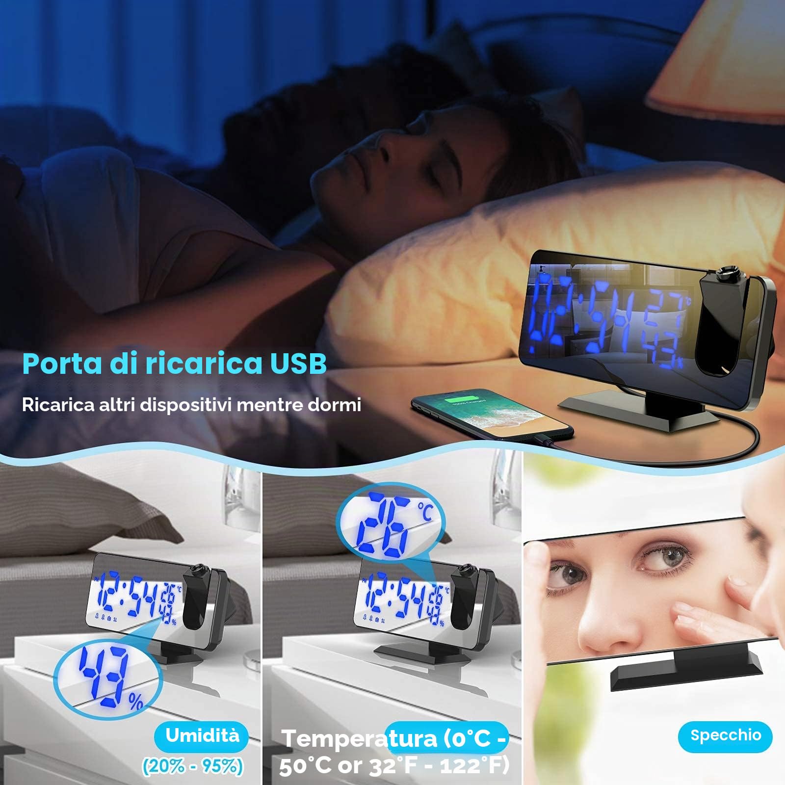 TAKRINK Sveglia con Proiettore da 7,5 Pollici Sveglia Radio Sveglia Digitale da Comodino con Proiettore con Rotazione di 180 ° Luminosità Regolabile con Temperatura Umidità e Uscita USB Ricarica