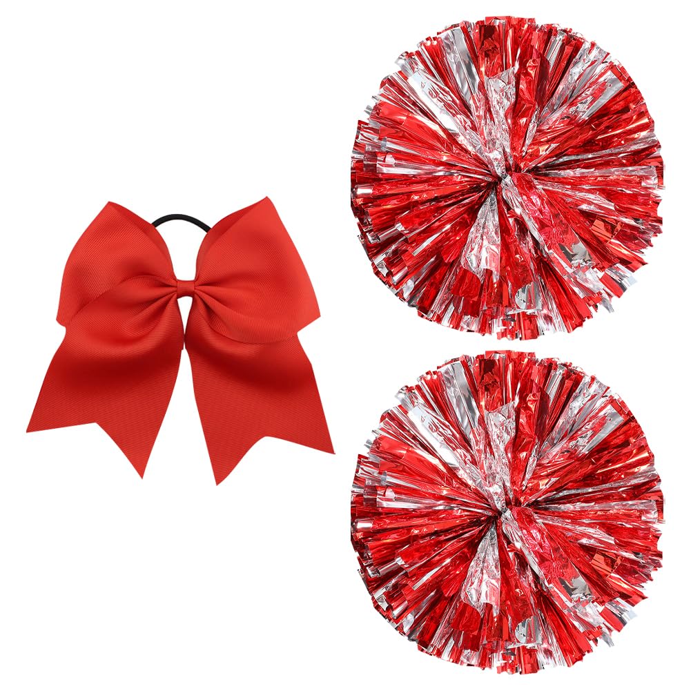 Hugede Red Silver 2 Pcs Cheerleading Pom Poms Metallic Cheer Pom Poms Cheer Costume Accessories With Large Cheerleader Hair Bow For Team Spirit Sports Dance Cheering