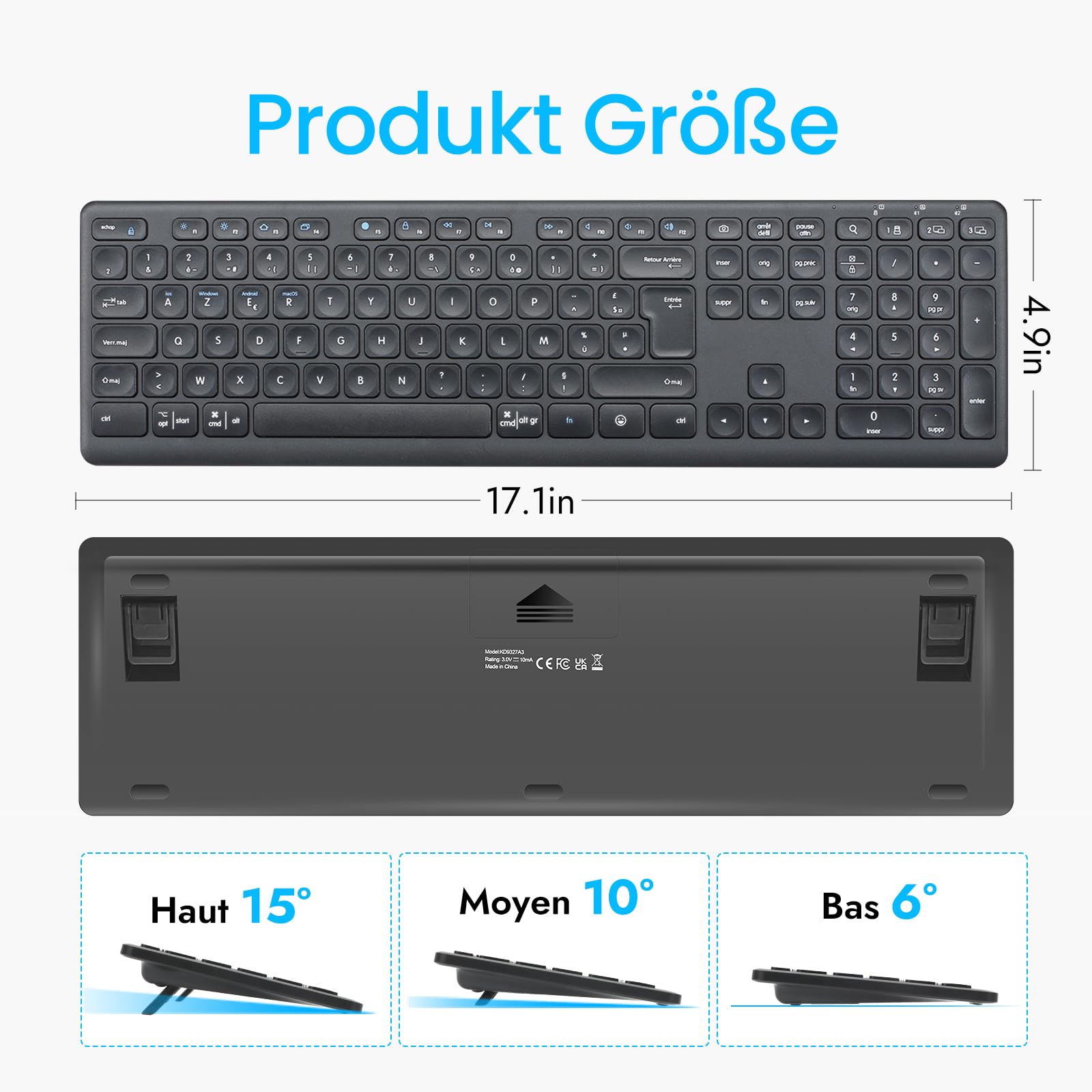 CITLLA K9300 Clavier sans Fil Bluetooth, Clavier Silencieux Multi-appareils pour Windows, Taille Normale, pavé Numérique, Touches Multimédias, Longue Batterie Durée, Compatible avec Ordinateur, PC