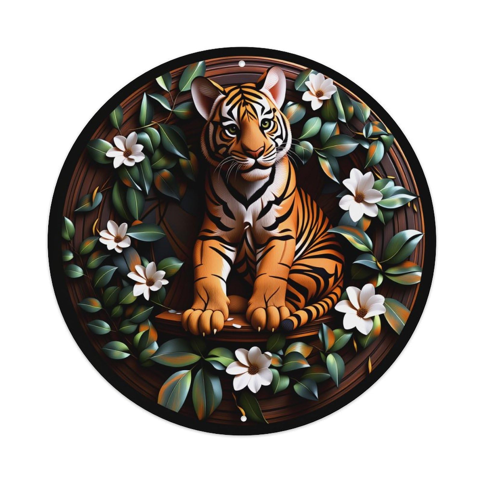 Tiger Surrounded By Flowers And Leaves In Circular Art Round Vintage Tin Sign,Retro Wall Art,Metal Poster for Home, Bar, Garage, Cafe, Rustic Indoor & Outdoor Decor, 8x8 Inches