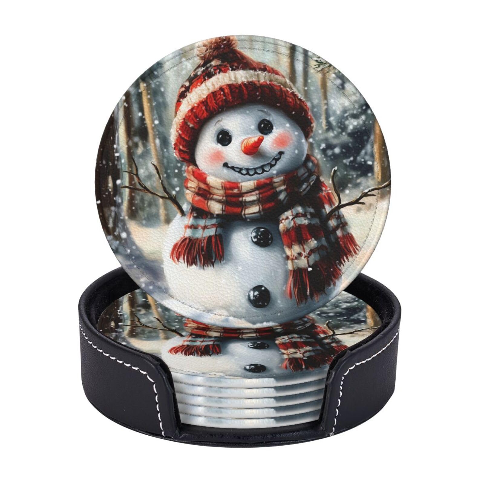 6 Pack Snowy Forest Snowman Leather Coasters for Drinks with Holder Sets Cute New Year Heat Resistant Drink Table Cup Coasters for Kitchen Dining Cafe Xmas Table Decor Round