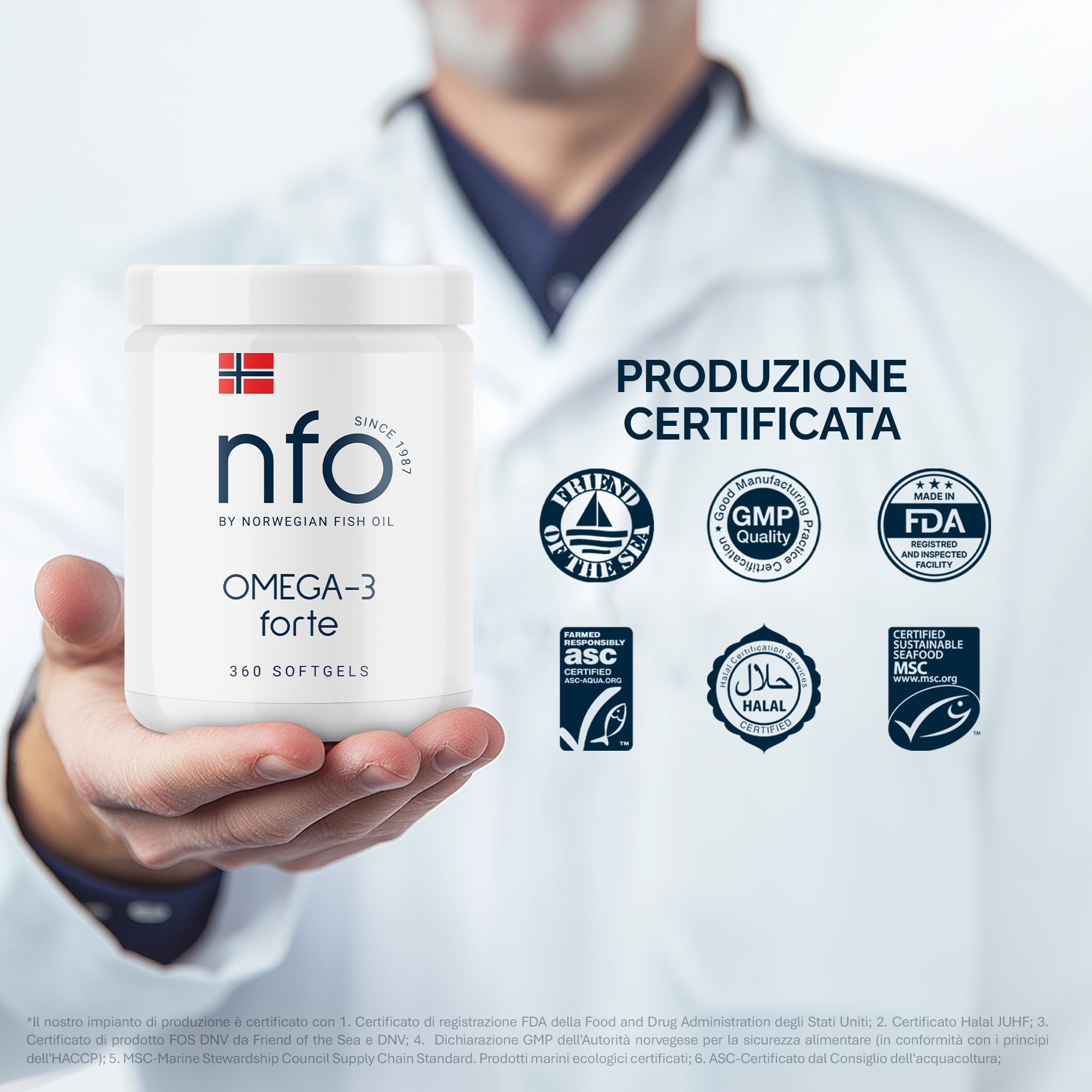 NFO Omega 3 Forte [360 capsule] Confezione Famiglia, Olio di Pesce Norvegese ad Alta Concentrazione di EPA:Formula DHA con Complesso Naturale di Vitamina E per Adulti e Bambini +3 Anni Prodotto in