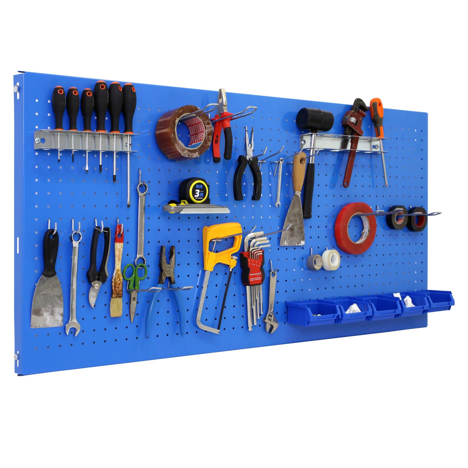 SimonRack Pannello Portautensili in Metallo, Pannelli per attrezzi, Include 22 Ganci e 8 Mensole, 1500x600 mm, Blu - Simonwork