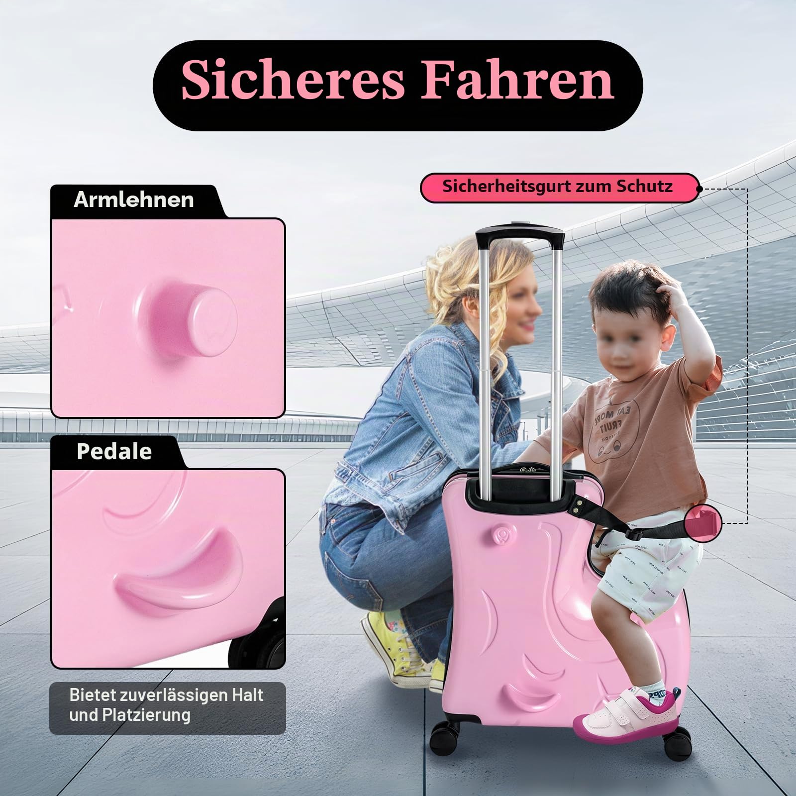 Kinderkoffer Zum Draufsitzen 20 Zoll, Kindertrolley mit Sitzfunktion & Sicherheitsgurt, Hartschalen Reisekoffer Kinder Pferd Design, Leichtgewicht 3.3kg für Kinder 3-6 Jahre, Rosa
