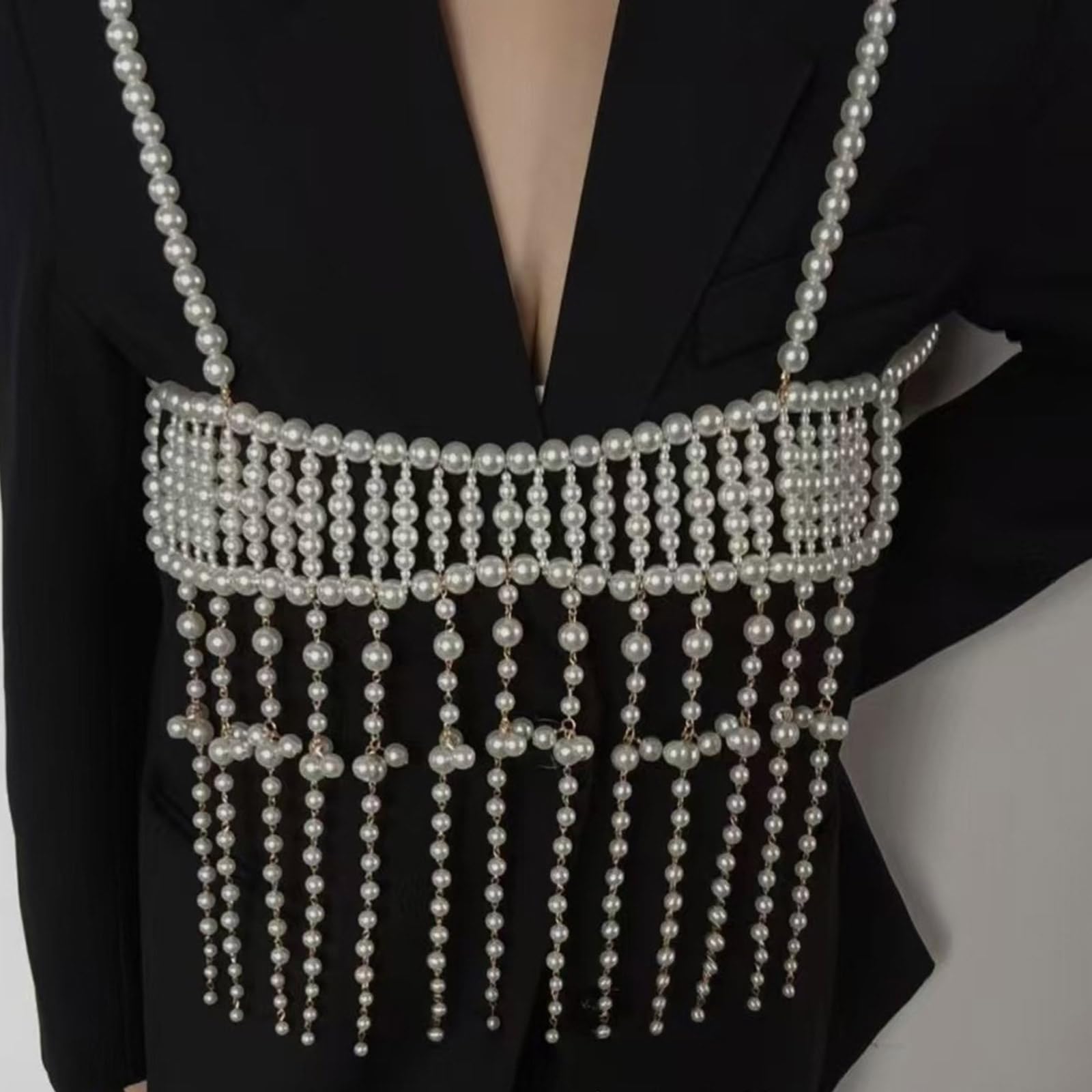 Catena per il corpo di perle con strass a strati Gioielli per il petto Catena multistrato di cristallo per donne Accessori per feste Catene per il corpo a strati