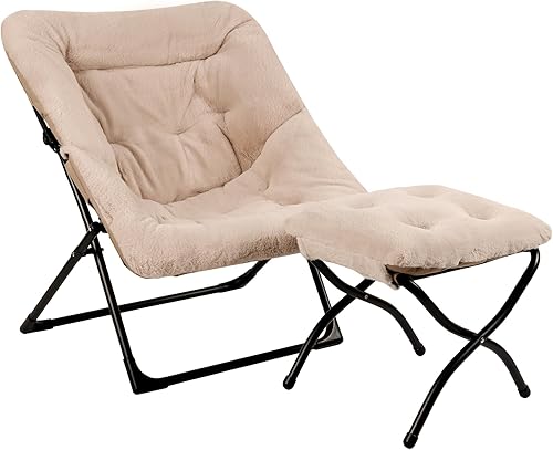 Miniatura 15 de Cómoda silla platillo para adultos, silla de dormitorio de piel sintética suave con otomana, sillas de dormitorio decorativas, sillas de lectura