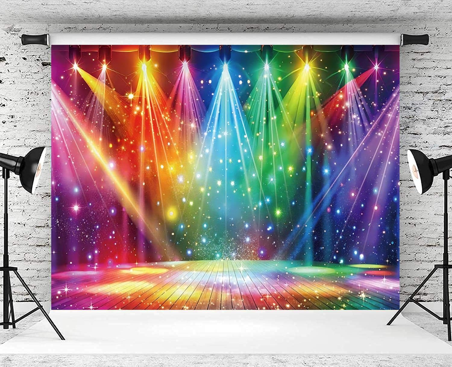 Tęczowa scena dyskotekowa tło fotograficzne, kolorowe neonowe światło, muzyka sceniczna, tło fotograficzne w stylu lat 70. 80. i 90., do klubu muzycznego, dyskoteki, na imprezę, dekoracja