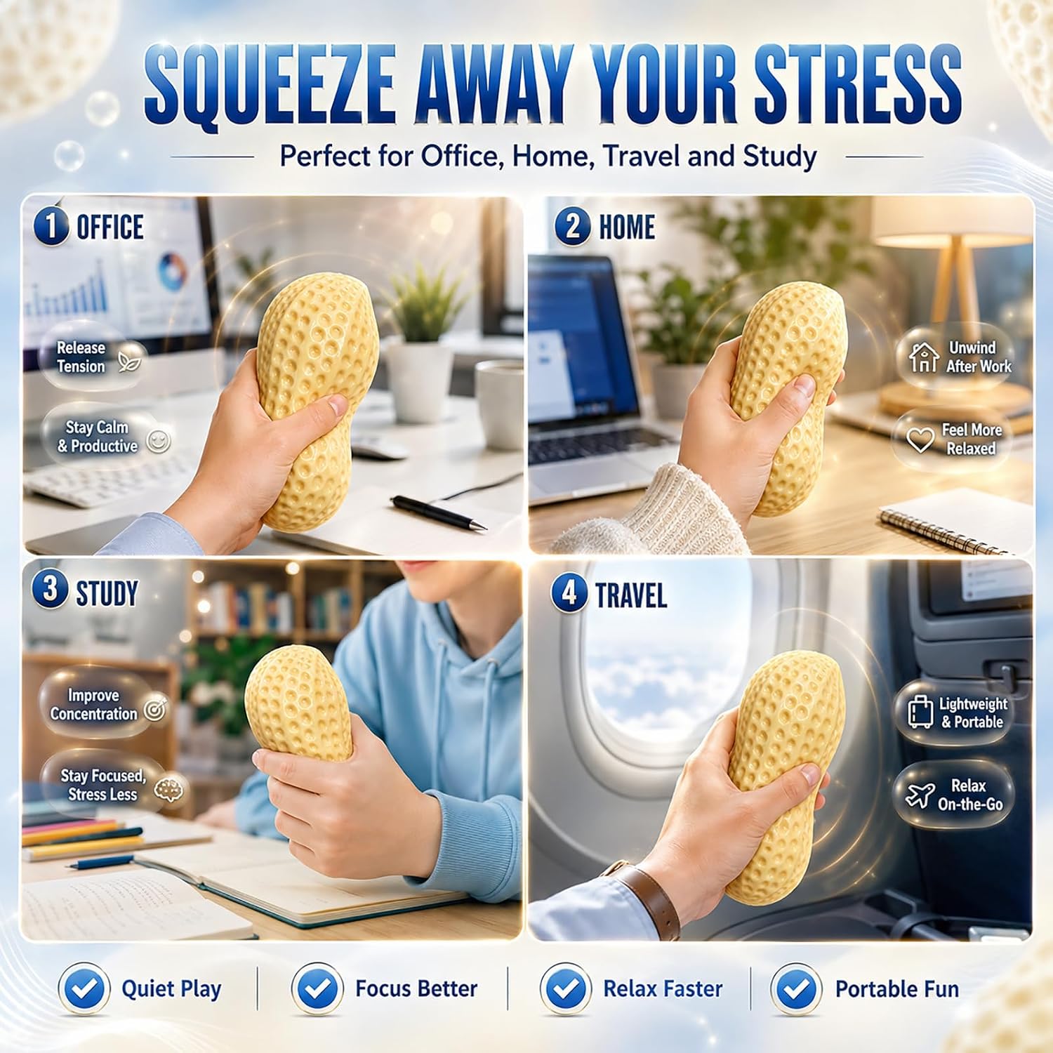 Crunchy Peanut Squishy Squeeze Toys Food-Shaped Stress Relief Squeezy Clay Large Cheese Fidget Ball Slushy Hand Squishies Juguetes para Apretar Giant Peach Bannana Mashed Potato for Adult