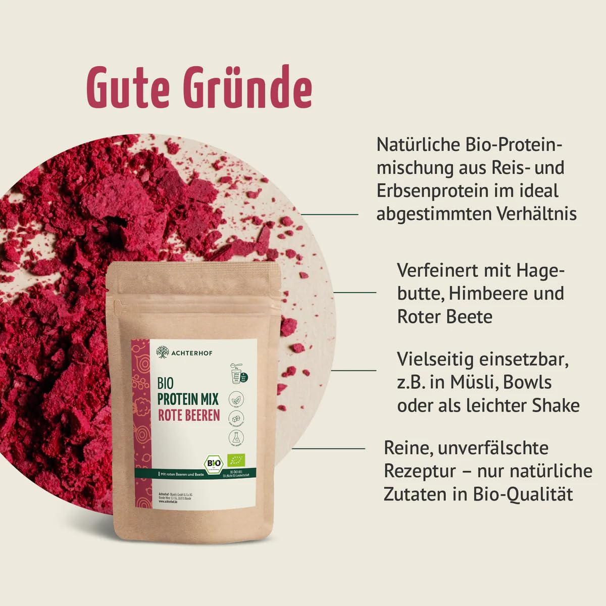 Bio Protein Mix rote Beeren 500g | Erbsen- und Reisprotein mit Beeren, Beete und Ballaststoffen | nur natürliche Zutaten in Bio-Qualität | Achterhof