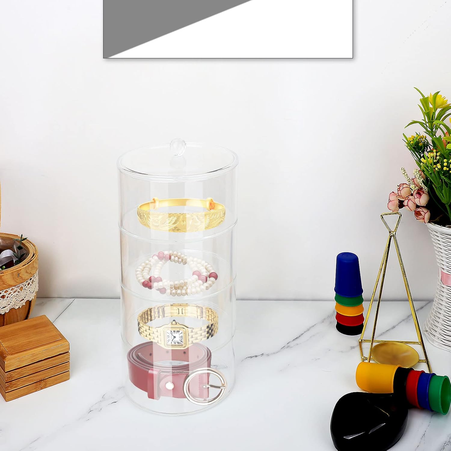 TITA-DONG Belt Organizer, Acrylic Belt Display Storage Box, Multilayer Belt Storage Box, Clear Belt Case Storage Holder for Belt Watch Jewelry Bracelets Ring Cosmetic(4 Layers)