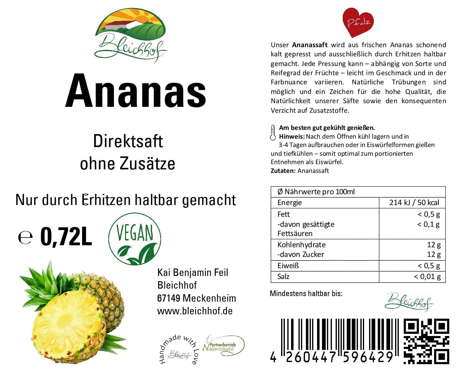 BLEICHHOF® Ananassaft- Direktsaft, vegan (6x0,72L)