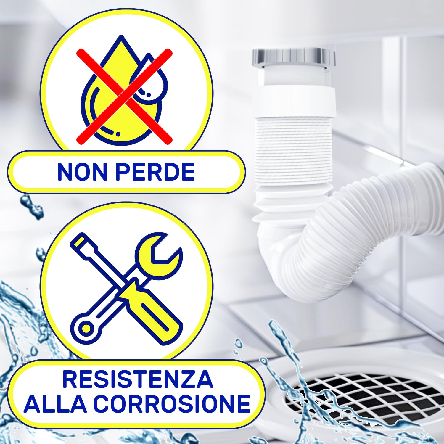 Flessibile Sifone Lavandino Cucina Lavandino Bagno e Bidet Dimensioni 1 1/2" x 40 mm Completo di Dado in Ottone e O-ring - Garanzia di 10 Anni - MONTERAL