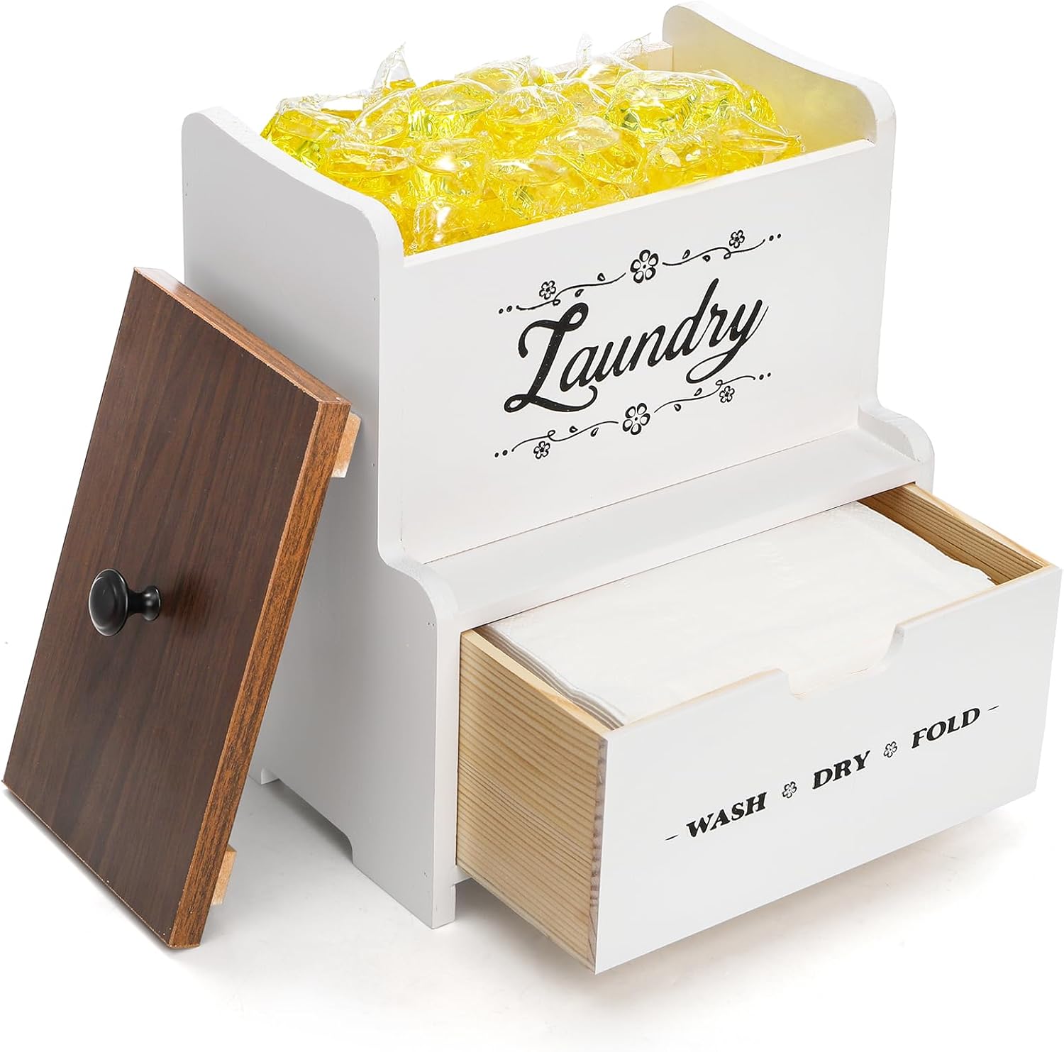 Goaste Dryer Sheet Holder with Drawer, Wood Dryer Sheet Dispenser with Lid, Farmhouse Laundry Pods Container Box, Wall Mount Fabric Softener Organizer for Laundry Room Storage and Organization