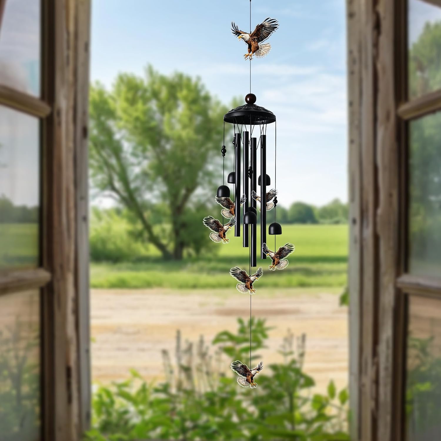 Eagle Wind Chimes for Outside, Black Metal Acrylic Windchimes Outdoors, Eagle Gifts for Women Men, Garden Yard Decor, Memorial/Birthday Gifts for Grandma Mom, Durable Chimes for Outdoors