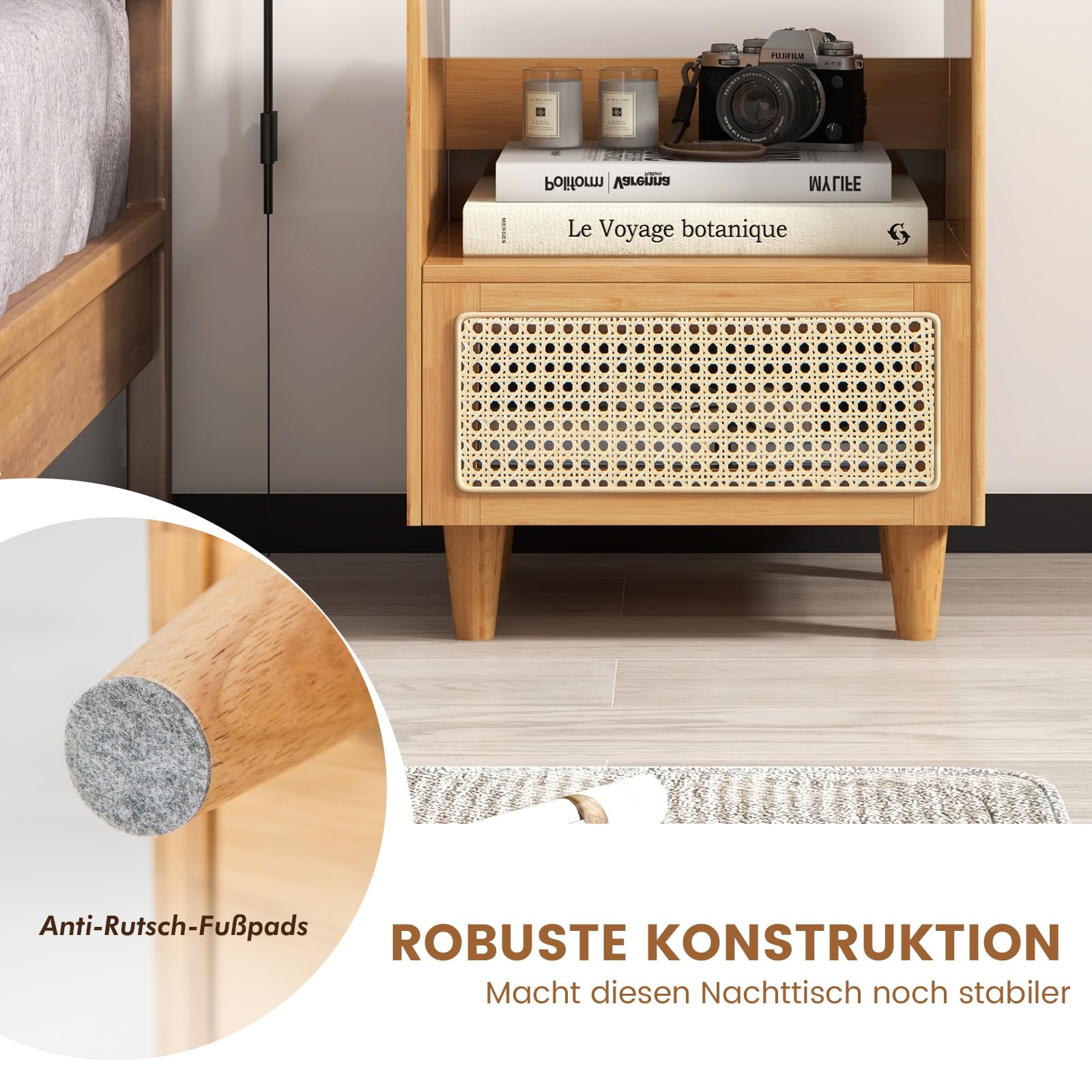RELAX4LIFE Nachttisch mit Rattan-Schublade & Offenem Regal, Nachtschrank mit Glastischplatte & Kabelschlitze, Nachtkonsole aus Bambus, Beistelltisch für Wohnzimmer Schlafzimmer (2, Natur)
