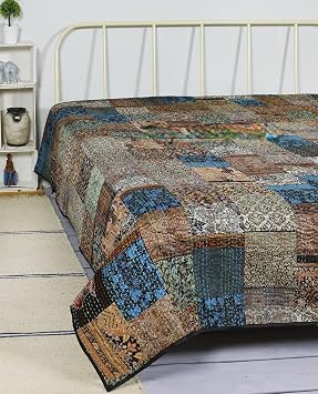 Home Indian Patchwork Kantha Quilt,Throw Handmade Silk Patola Kantha Bed Cover, Reversible Bedding Bedspread,Vintage Hand Stitch Gudri, Decorative Beach Blanket Baby 40" x 60", Black