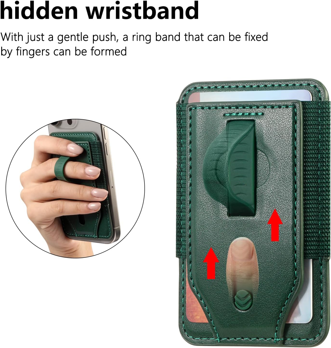 MICODEN Compatible with Magsafe Wallet, Secure Magnetic Wallet for iPhone 16/15/14/13/12 Series, Lightweight Minimalist Leather 3 Card Holder with Grip for Women Men Easy Carry Finger Loop Slim, Green - Image 6