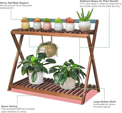 Miniatura 3 de Soporte para plantas de interior para múltiples plantas, estante esquinero de madera de 2 niveles con colgador para macetas al aire libre, soporte