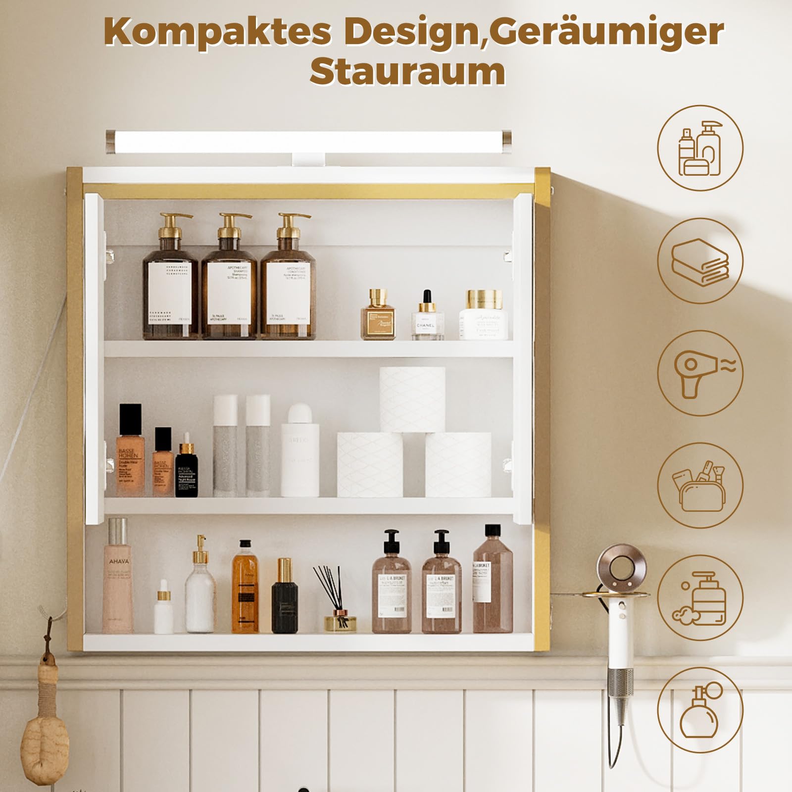 ELUCHANG Specchio da Bagno con Contenitore e Luci, Pensile da Bagno con 2 Ante, 1 Scomparto Aperto e 2 Vani Chiusi, Ripiano Interno Regolabile,Bianco+Dorata, 60x13x60cm