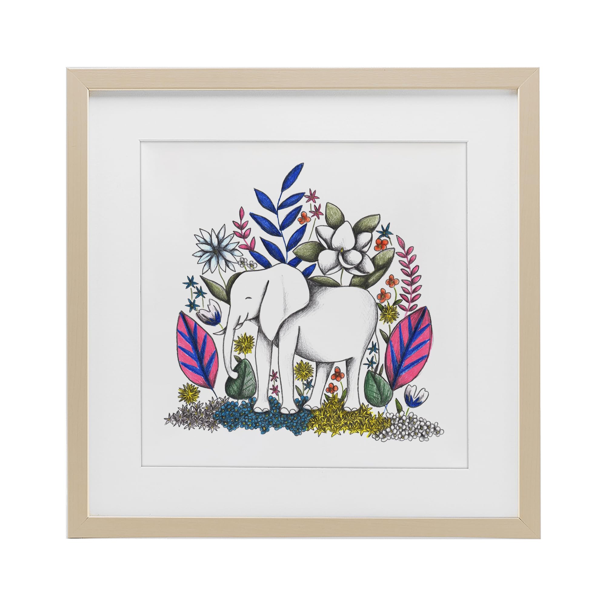 Impression encadrée éléphant au milieu des fleurs pour un salon cocooning