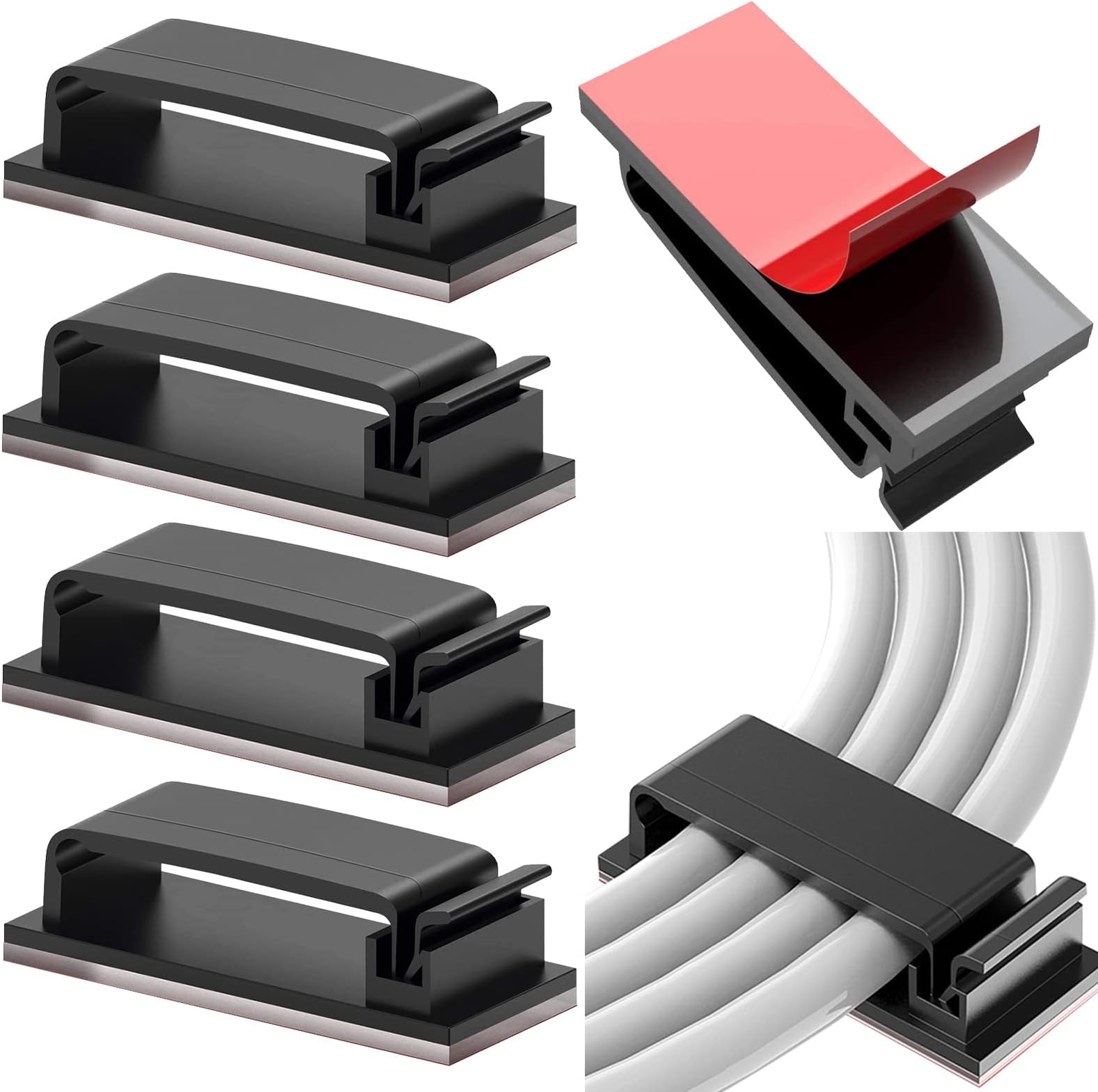 Vinabo 10 Pcs Cable Holder Clips,Self Adhesive Cable Management Clips, Cable Organisers Wire Clips Cord Holder for Home, Office, Car, Nightstand, Desk Accessories (Black)