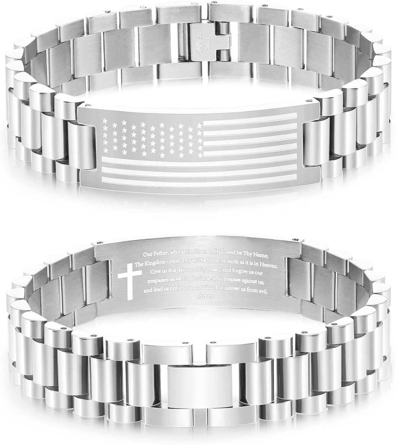 P. BLAKE Fathers Day Gift- American Flag Bible Verse Bracelet for Men, Stainless Steel Engraved Scripture Bracelet Christian Religious Christmas Birthday Jewelry Gifts