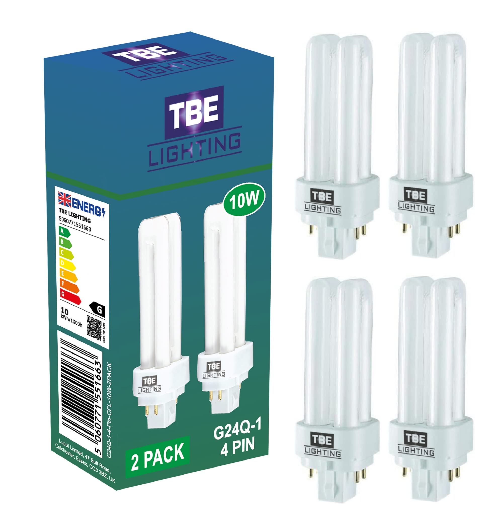 TBE LIGHTING 10w G24Q-1 4-Pin CFL Lamp - Pack of 4 Units - Cool White 4000K, 600 Lumen/Double Turn CFL Compact Fluorescent Light