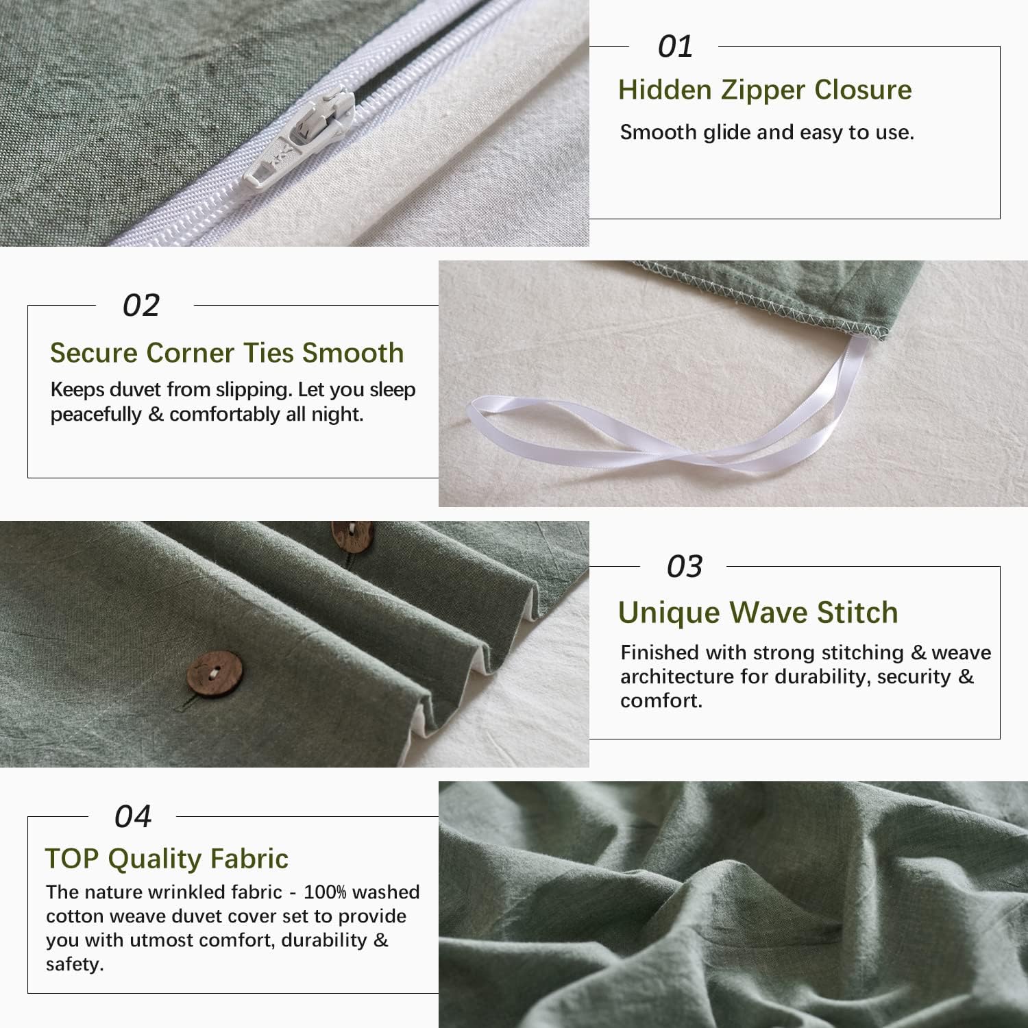 MILDLY 100% Washed Cotton White and Green Reversible Duvet Cover Set King Size Casual Design Soft Bedding Set 2 Pillow Cases + 1 Duvet Cover with Zipper & Corner Ties