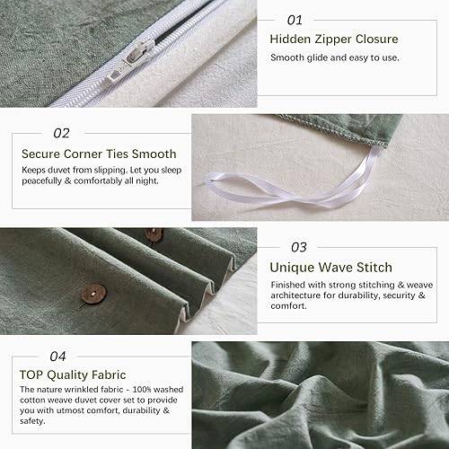 Miniatura 6 de MILDLY Juego de funda de edredón reversible 100% algodón lavado, color blanco y verde, tamaño Queen, diseño casual, suave, 2 fundas de almohada + 1