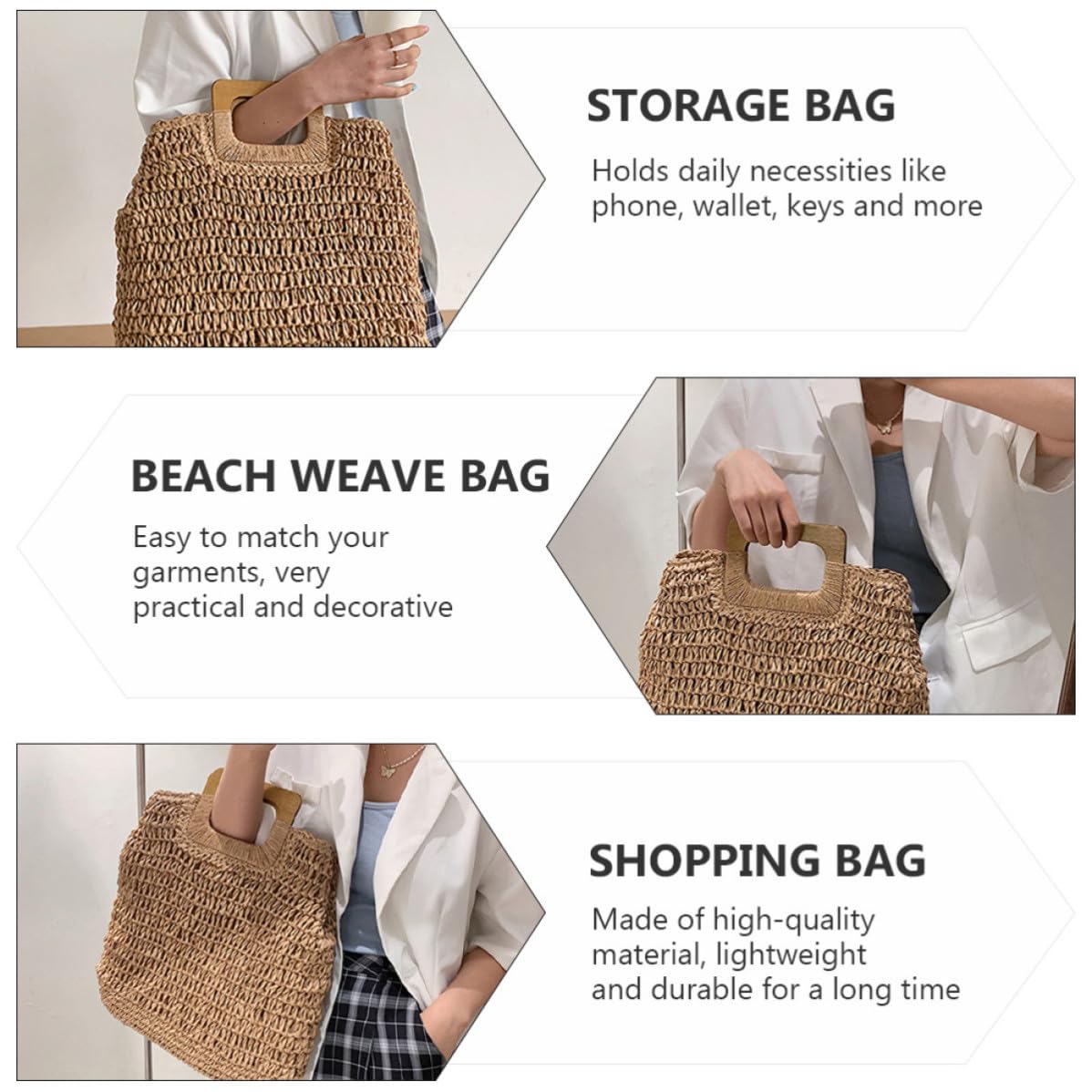 Bolso de Playa Tejido a Mano al Crochet, Bolsa de Almacenamiento Portátil, Gran Capacidad, Ligero, Color Caqui, para Mujer, Compras Diarias y Vacaciones Playa