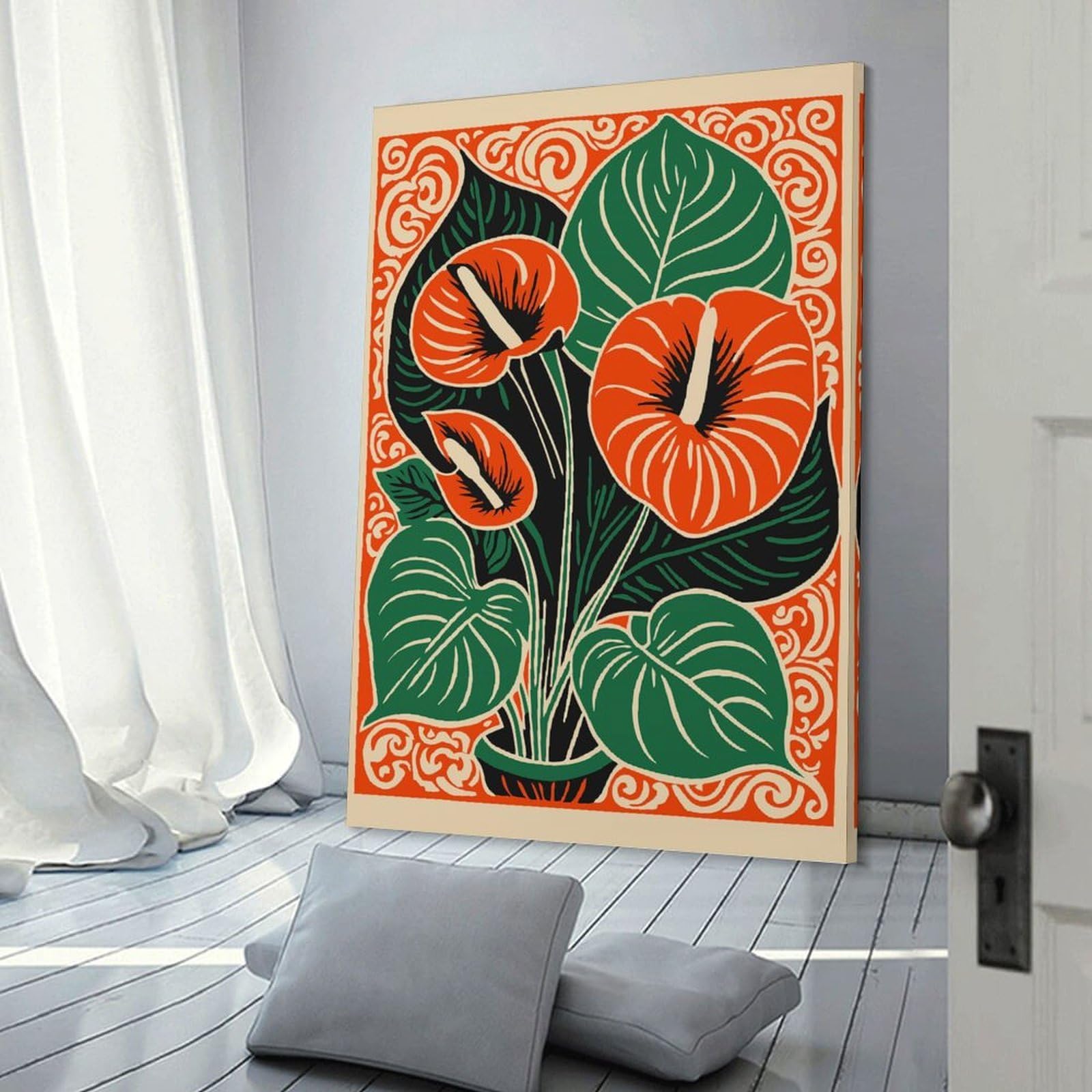 Junmoney Anthurium Plant Illustration Canvas Wall Decor, 12x18inch(30x45cm), for New Homes, Bedrooms Or Workspaces, Gift Idea for Housewarming And Birthdays