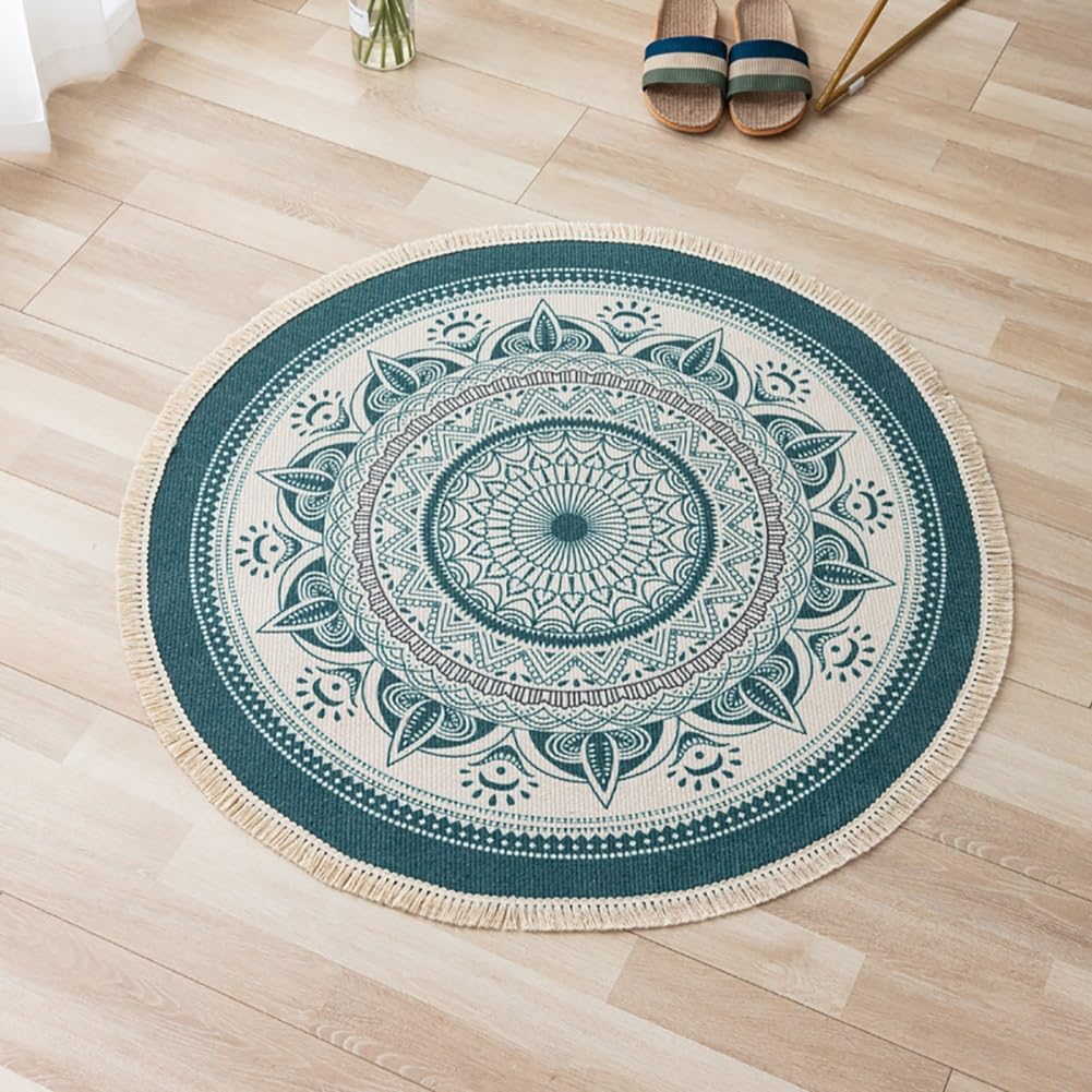 AVCULT Okrągły bawełniany dywan z frędzlami boho mandala tkany bawełniany dywanik zmywalny dywanik do salonu sypialni jadalni (kolor: K, rozmiar: 120 cm)