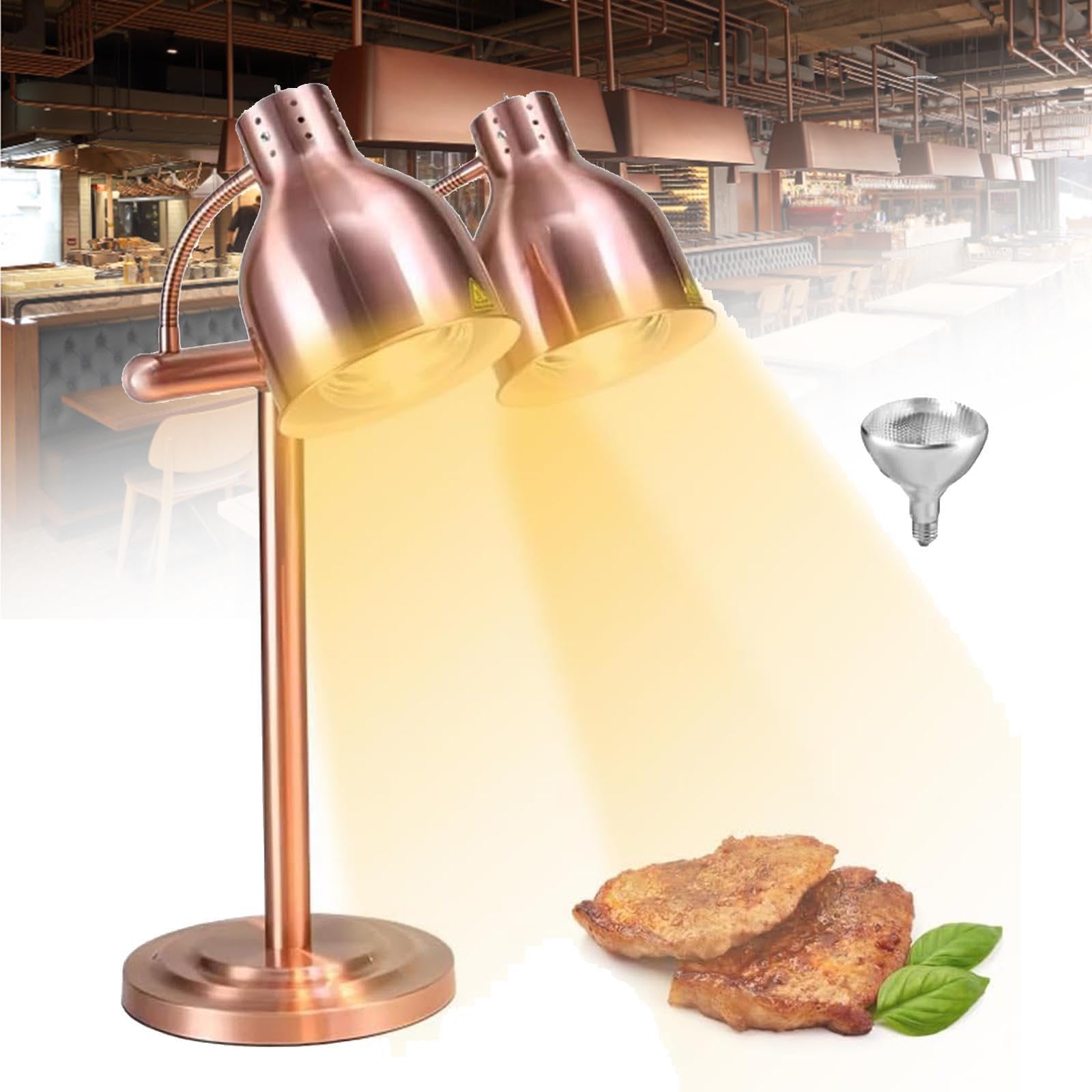 Lámpara Independiente para Calentar Alimentos Lámpara para Calentar Alimentos de Buffet de 2 * 250 W, Cabezal Ajustable de 360 ​​​​° para Restaurante de Cocina Buffet,Copper