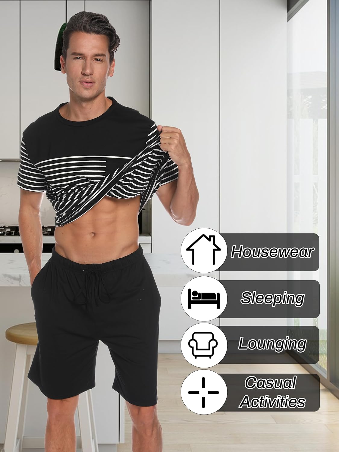 Men's Pajama Set Cotton Pajamas Striped Short Sleeve & Shorts Pjs Sets Sleepwear Summer Lounge Set with Pockets - Image 4