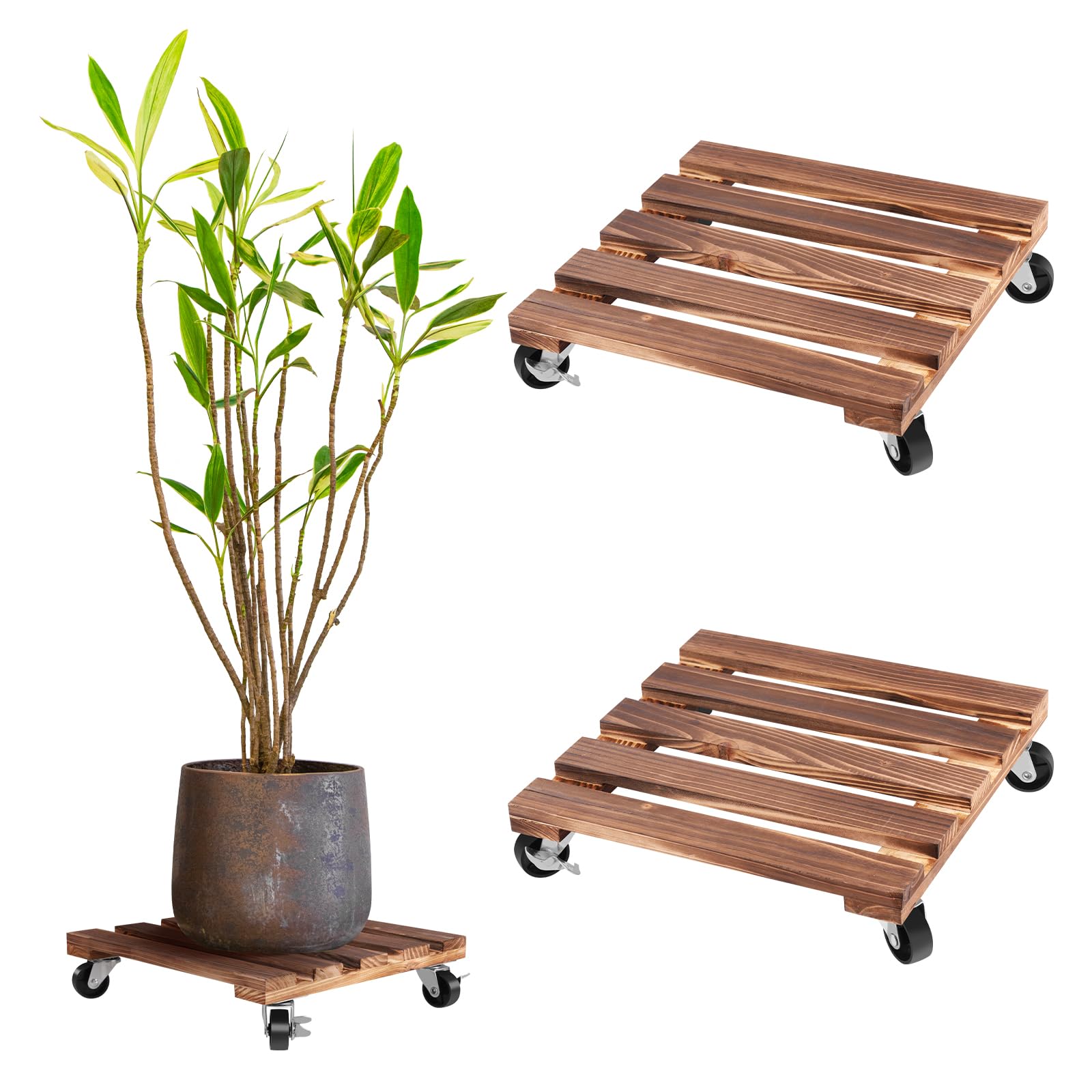 2 Pack Plant Caddy with Wheels, 12 Inch Flower Roller, Wooden