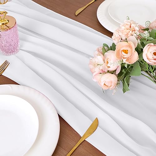 Miniatura 6 de H.VERSAILTEX Camino de mesa blanco de gasa de 10 pies, camino de mesa de 28 x 120 pulgadas, camino de mesa de boda, decoración romántica para