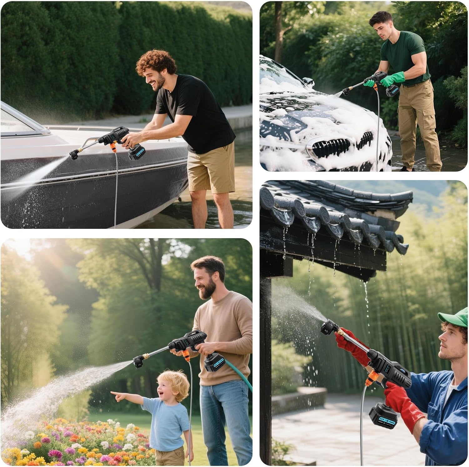 Viugreum Akku Hochdruckreiniger, 100Bar Hochdruckpistole Wasserpistole, Tragbarer Hochdruckreiniger Autowäsche mit 6-in-1-Multifunktions Düse, 2x 21V Batterien, 5m Schlauch für Auto, Terrasse, Fenster