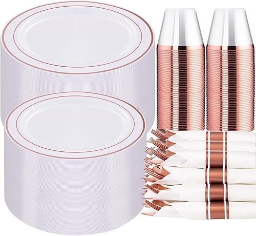 Miniatura 12 de WELLIFE 350 platos de plástico dorado transparente, 100 platos desechables, 150 cubiertos de plástico, 50 tazas, 50 servilletas para bodas y fiestas