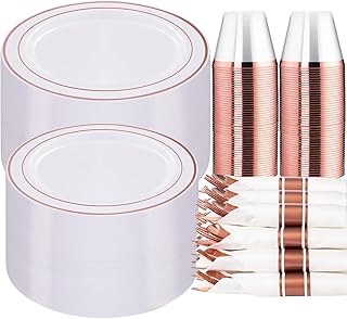 WELLIFE 350 Pieces Rose Gold Plastic Dinnerware, 50 Guests Disposable Plates with Rose Gold silverware and Cups, 50 Pre Rolled Napkins with Cutlery, Perfect for Wedding and Party
