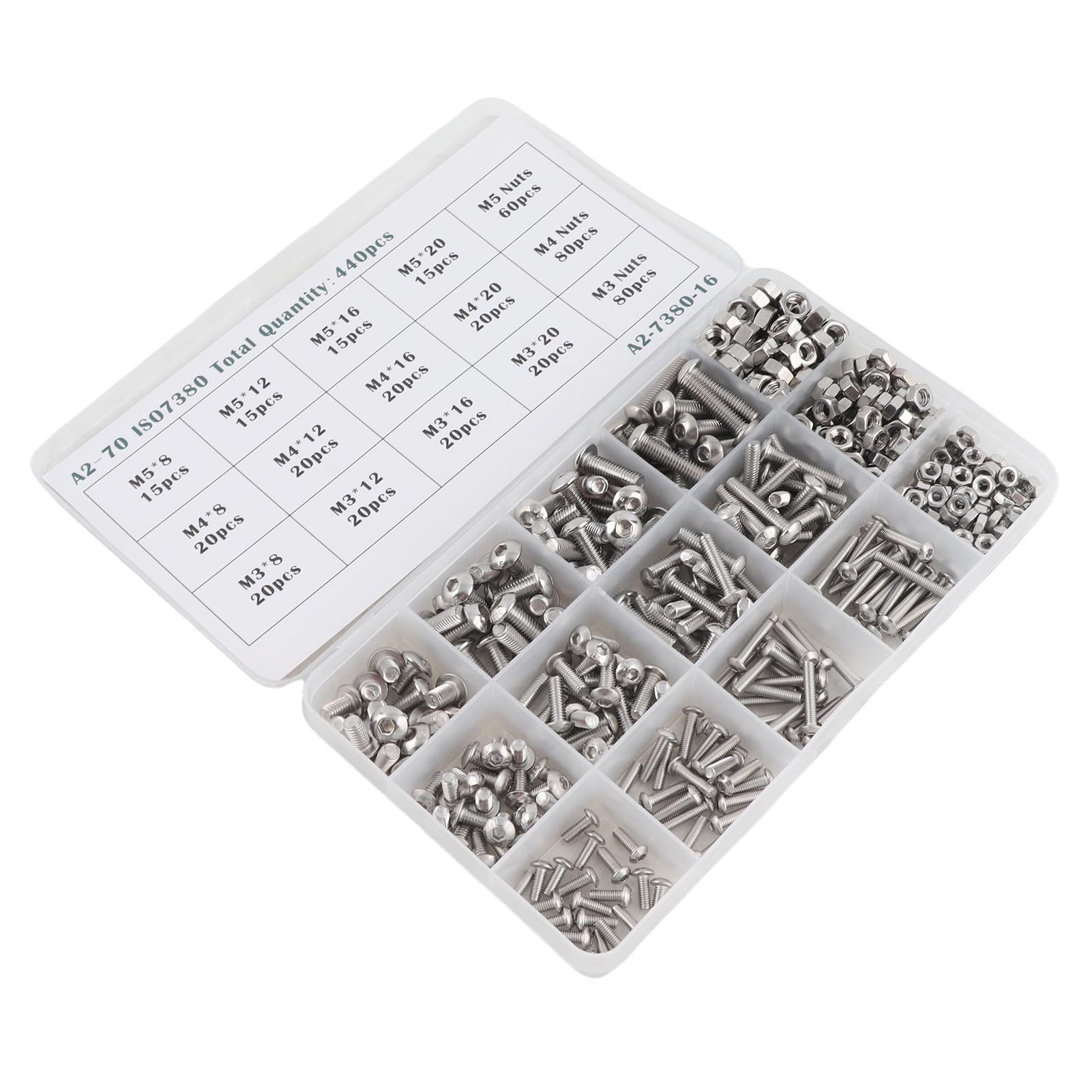 440-teiliges Muttern-Bolzen-Schrauben-Set aus Edelstahl, Sortiment M3, M4, M5, tragbares Hardware-Set für Maschinen, Möbel, Autoreparatur, langlebig, 304 Edelstahl, verschiedene