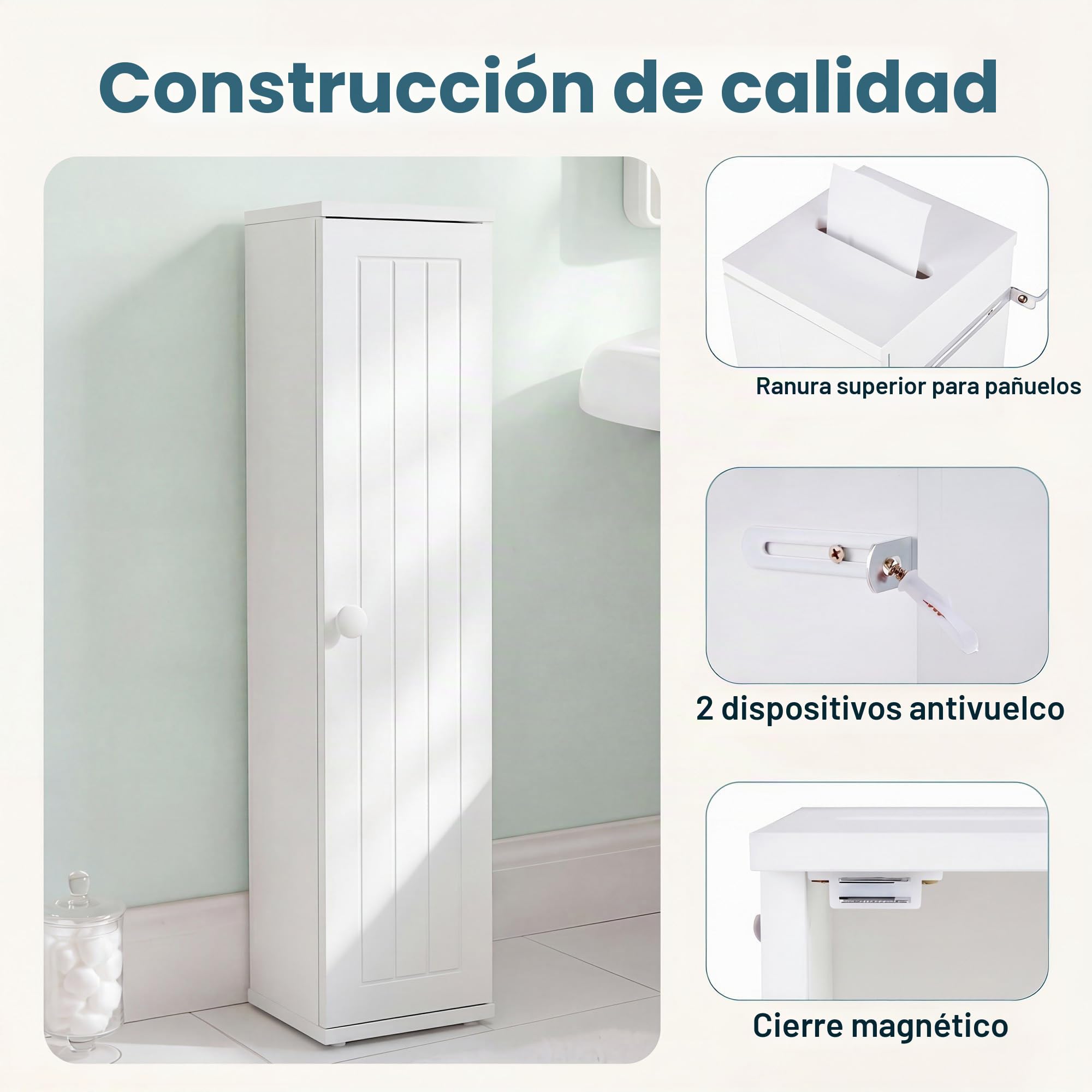 LIFEZEAL Armario para Papel Higiénico de Baño, Independiente con 5 Compartimentos y 3 Estantes Desmontables, de Suelo con Una Puerta, Blanco