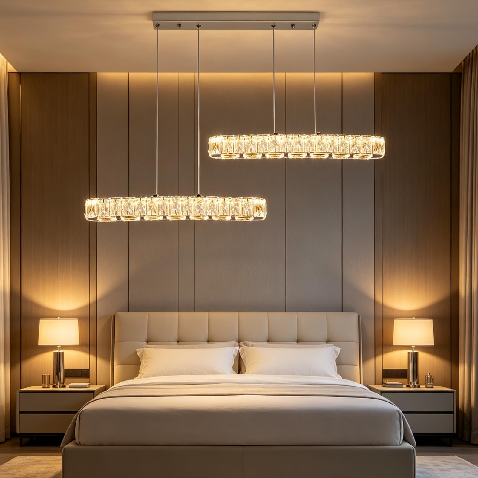 Doppel Linear Kristall LED Pendelleuchte 80cm Esstisch Höhenverstellbar | 3 Lichtfarben Hängeleuchte Kücheninsel Schlafzimmer Wohnzimmer Küche
