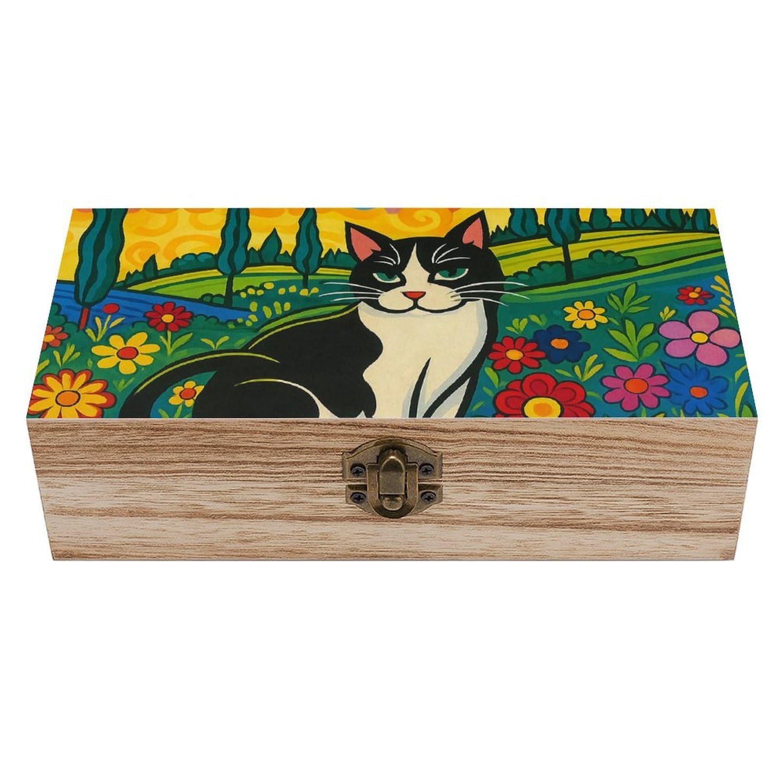 Oudrspo Cat And Swirl Star Retro Wooden Storage Box Keepsake Jewelry Decorative Art Storages Box Gift Boxs