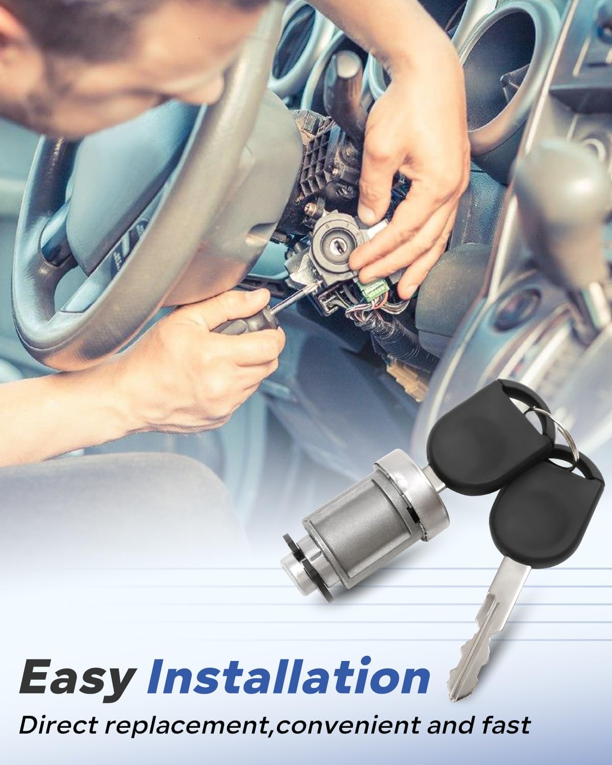 Ignition Switch Lock Cylinder with 2pcs Transponder Chip Keys Fit for Ford F150 F250 F350 for Focus Escape Mustang Lincoln Mercury & Mazda Models Replace 924-717 4L3Z11582BB