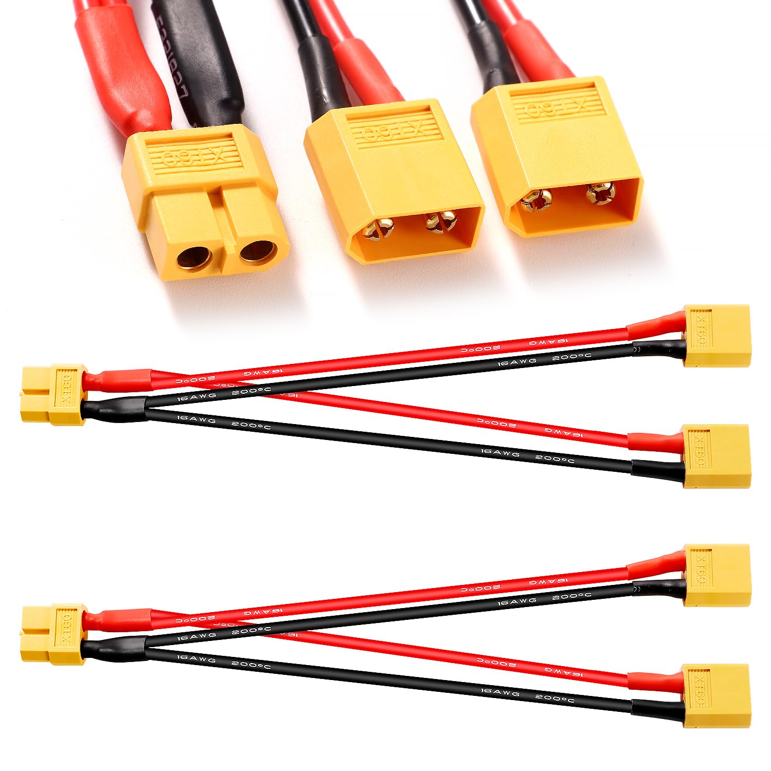 YIXISI 2 PCS XT60 Parallel Battery Connector Cable, XT60 Y Splitter 1-Female to 2-Male 16AWG Cable, XT60 Cable Dual Extension Y Splitter Harness Adapter, for RC LiPO Battery