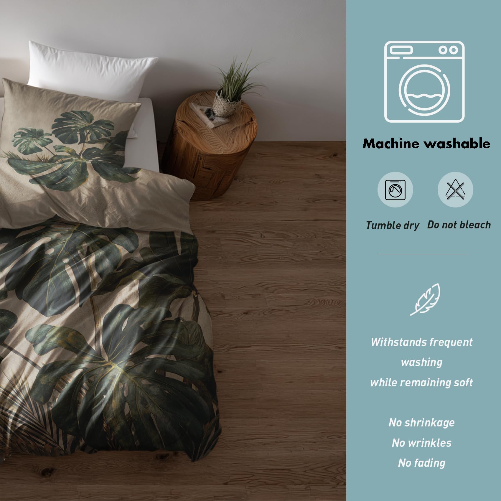 Monstera Bettwäsche 135x200 2er Set Mit Palmen Blätter Grün Muster, Bettbezug Set Bügelfreie Bettwäsche Mit Reißverschluss, Kissenbezug, Monstera Deko
