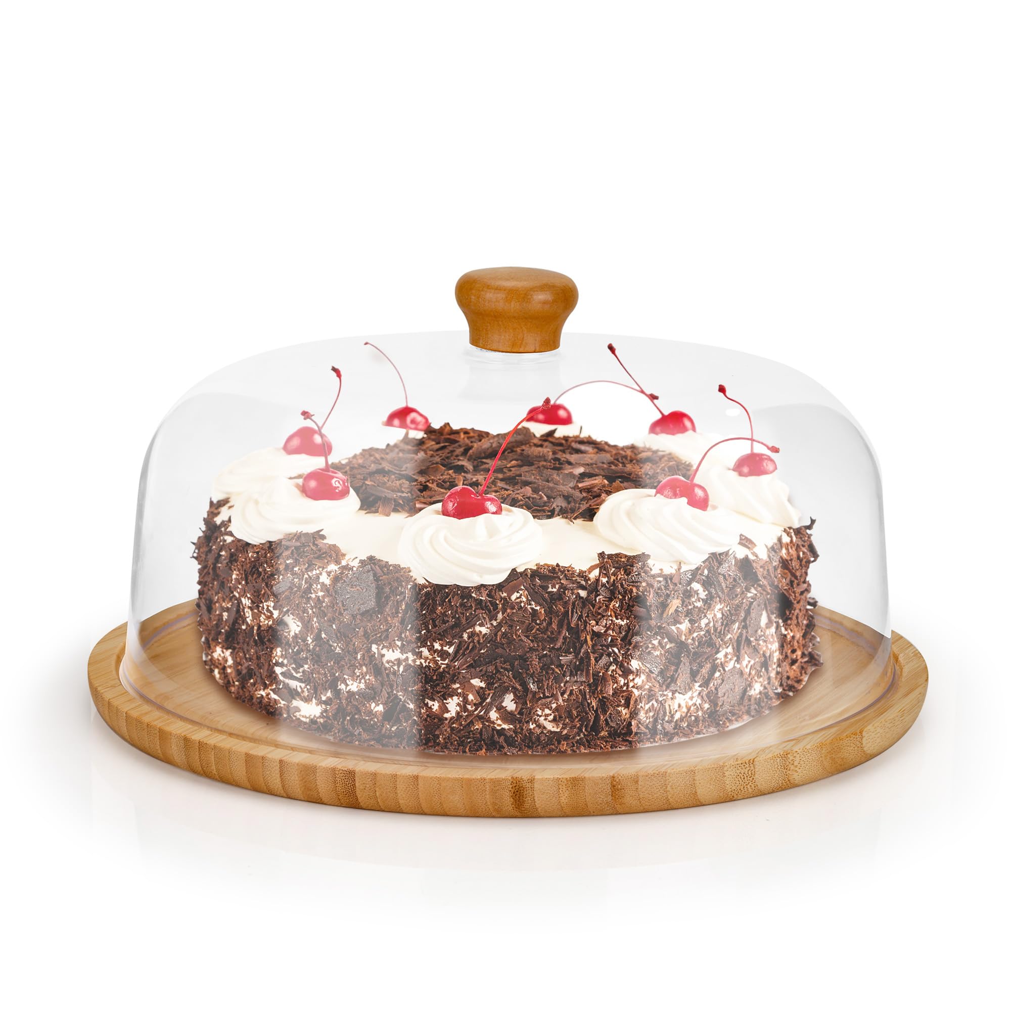 Aramanara 11 Inch Cake Stand with Dome Lid, Clear Cake Dome, Wooden Round Cake Display Plate with Cover for Anniversary, Birthday, Wedding, Party