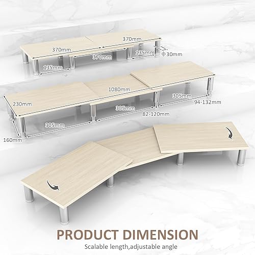 Miniatura 4 de Elevador de monitor dual longitud y ángulo ajustables, soporte de madera para 2 monitores con almacenamiento